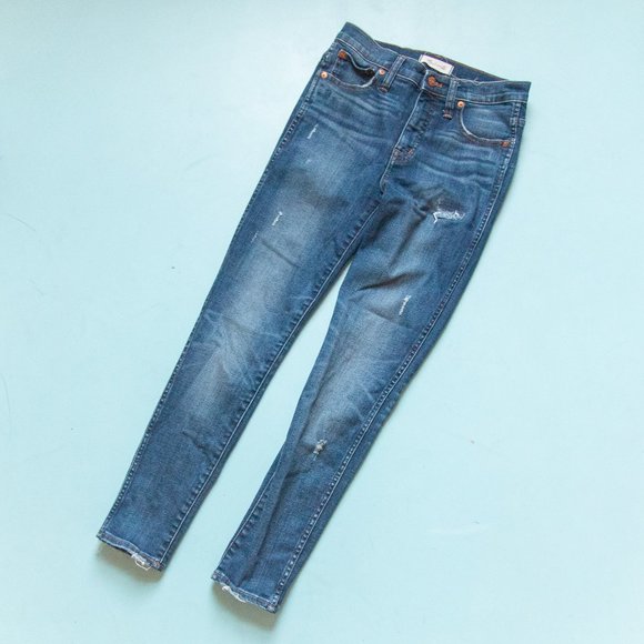 Madewell 9" High Rise Skinny Dark Wash Distressed Hole Jeans Size 27 - Picture 2 of 12